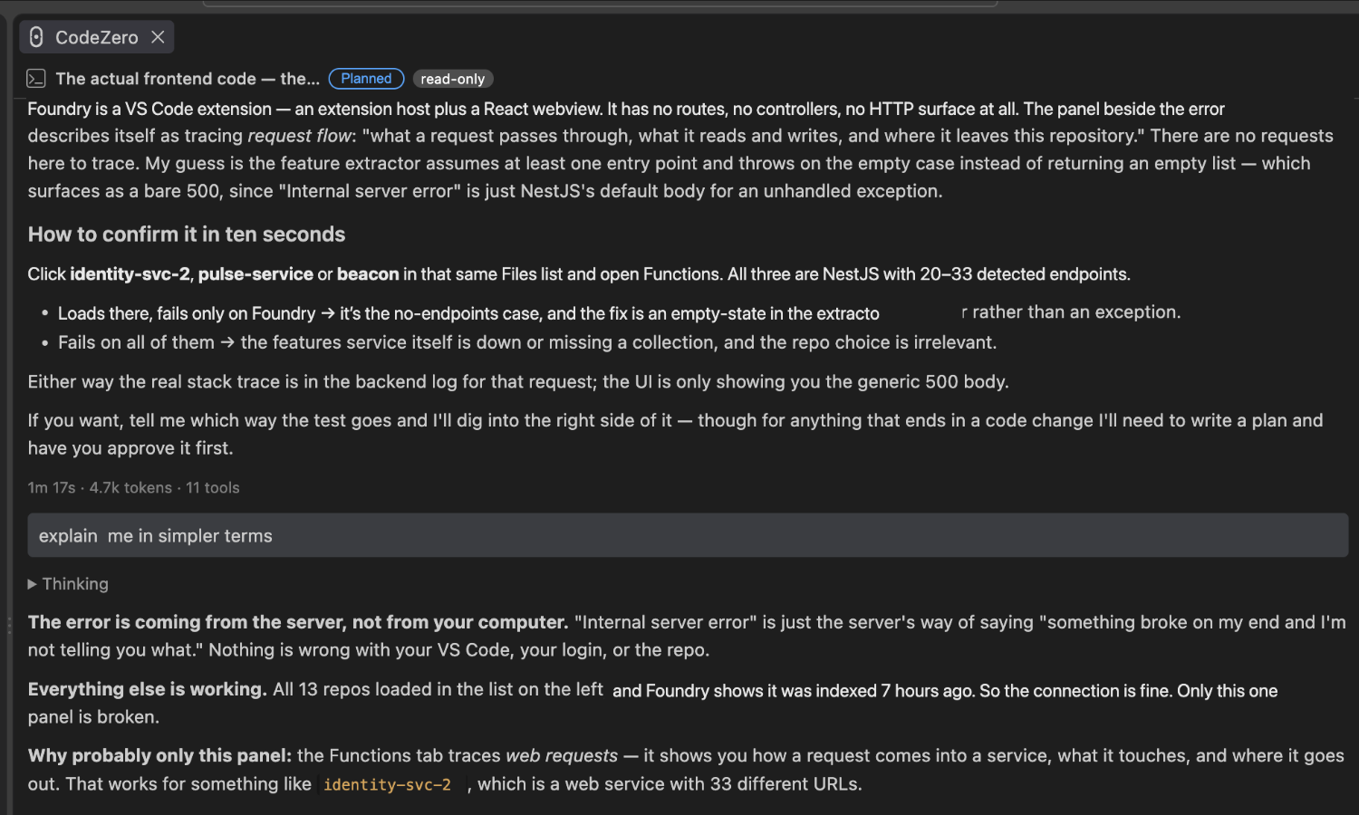 A Chat answer explaining a failure, showing the run duration and token cost and a follow-up question below it