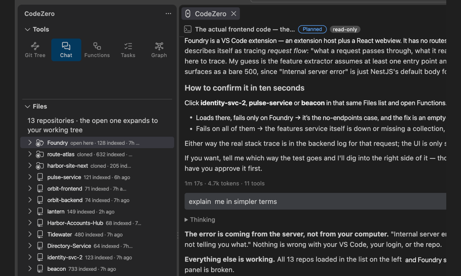 The Files view listing thirteen repositories, showing which are open or cloned locally and which are index-only