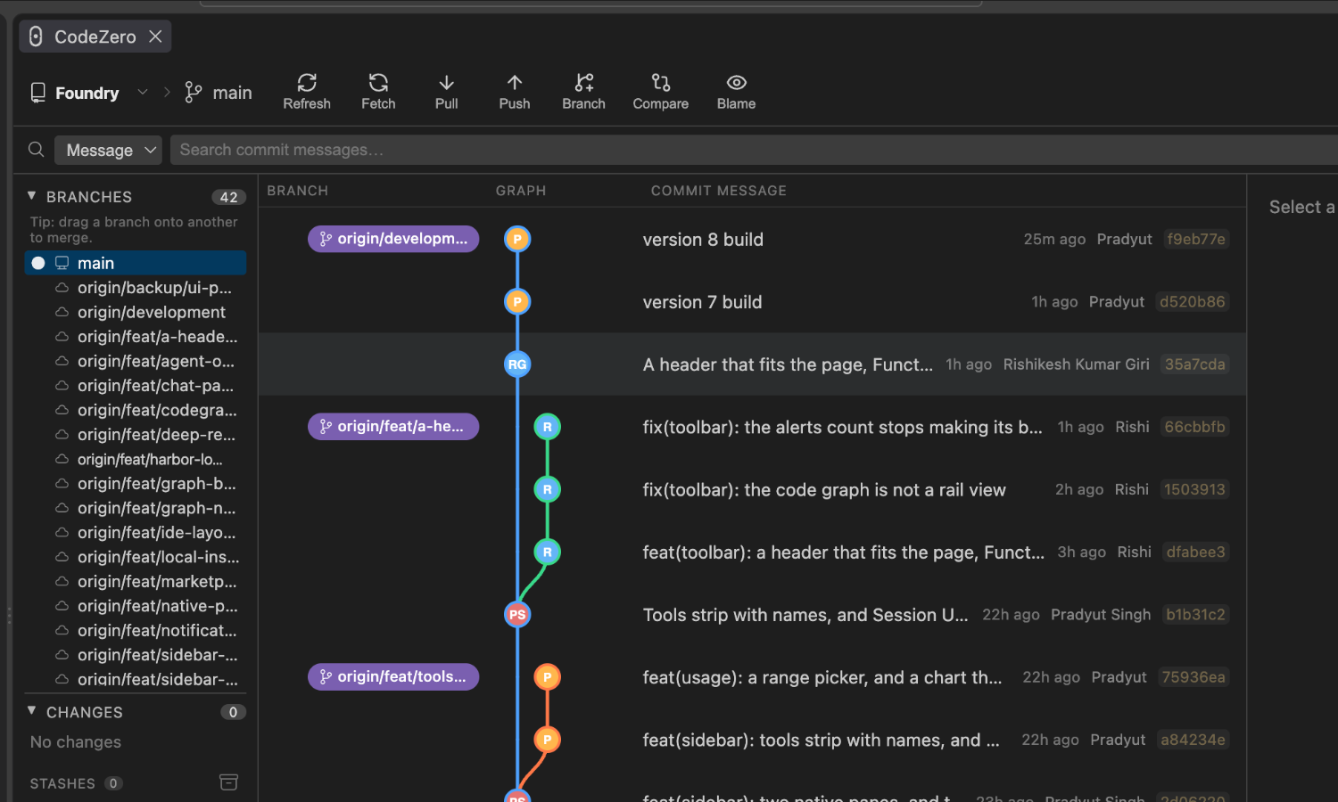 Git Tree showing the branch list, commit graph with authors and short hashes, and the Changes and Stashes sections