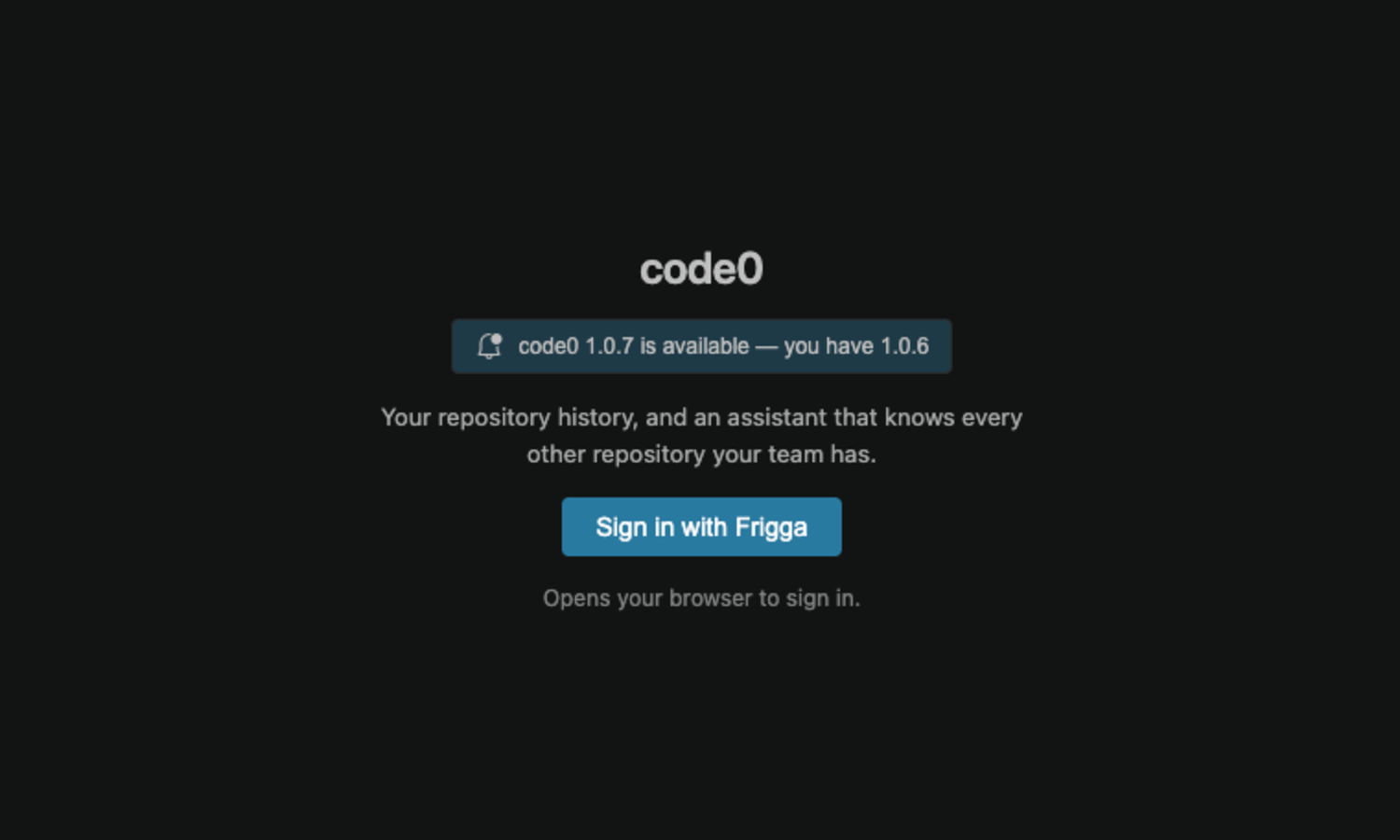 The signed-out CodeZero panel in VS Code with a Sign in with Frigga button and an update notice