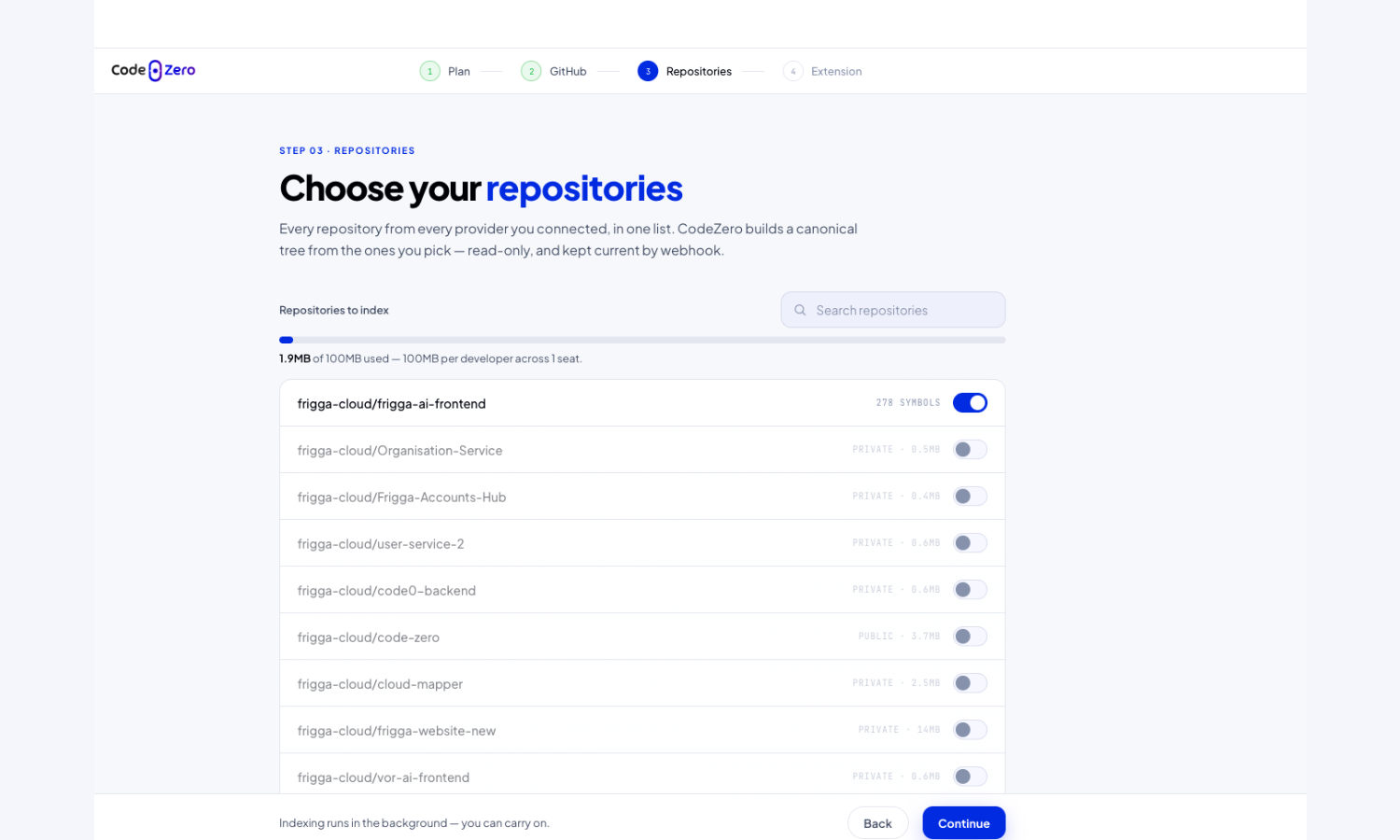 The Choose your repositories setup step with per-repository toggles, symbol counts and an index size meter