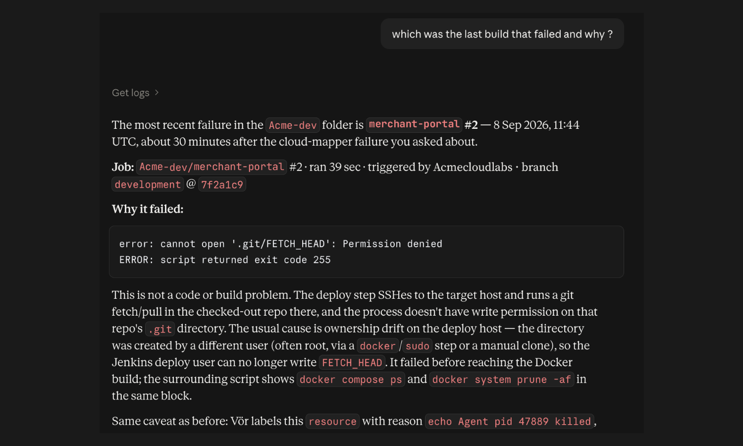 A chat answer identifying a failed build, its error output and a fix direction