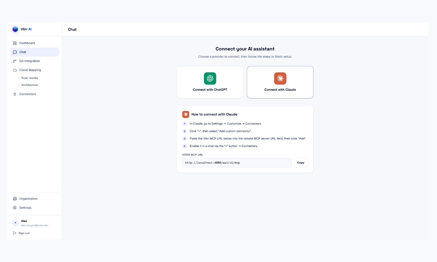 The Chat page offering ChatGPT and Claude connection options with the MCP URL and a Copy button