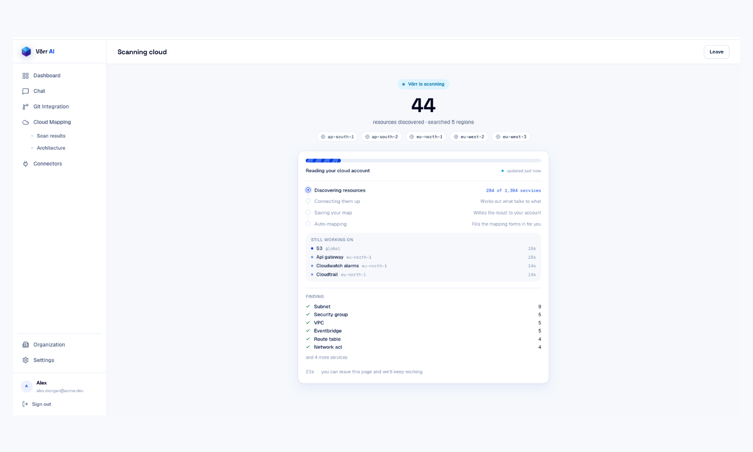 The cloud scan screen showing scan stages, regions and a running resource count