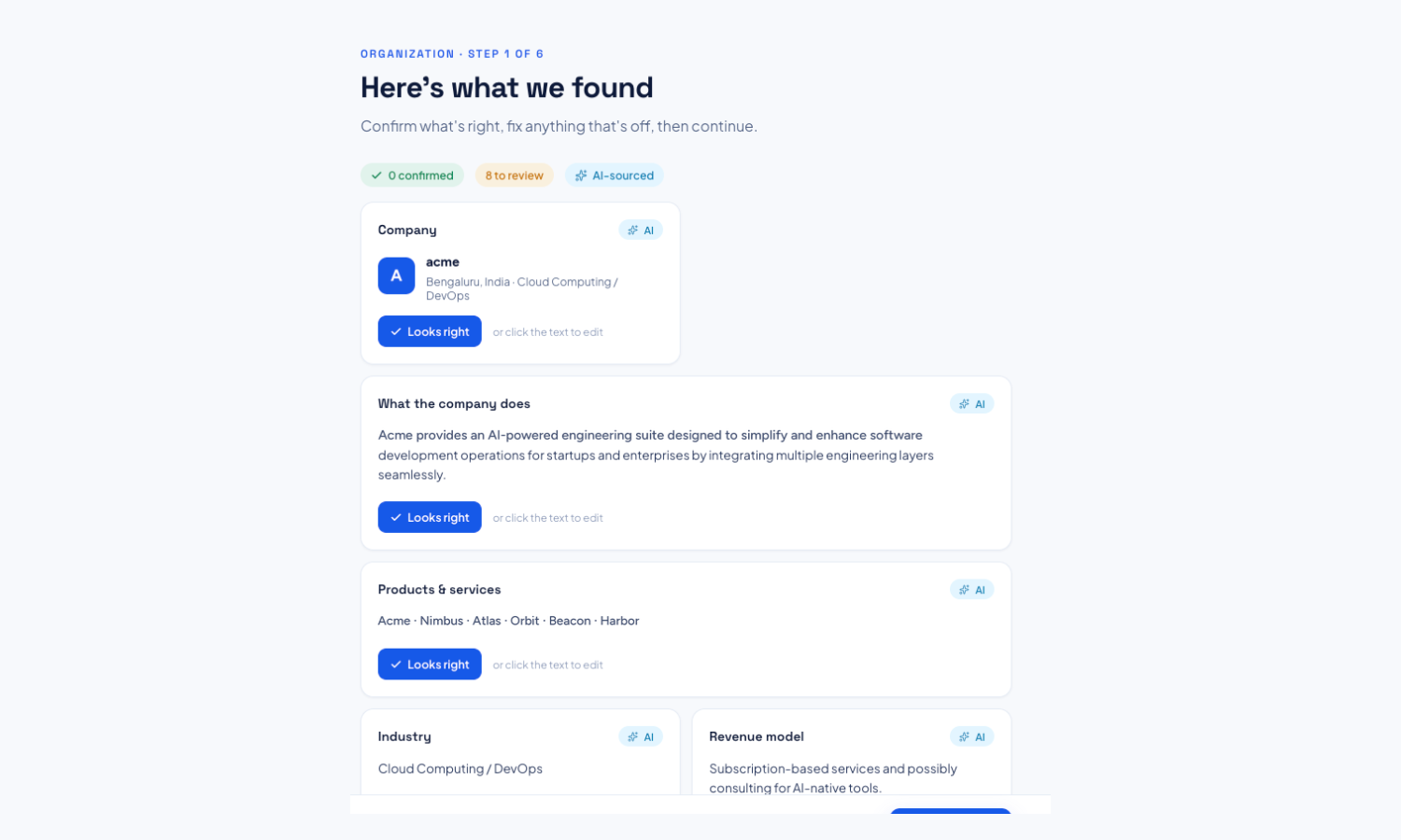 The drafted company profile with AI-sourced cards and Looks right buttons