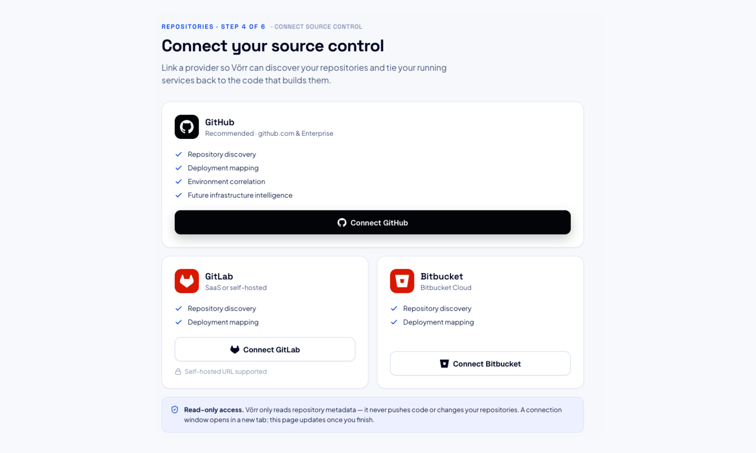 The connect source control step with GitHub, GitLab and Bitbucket options