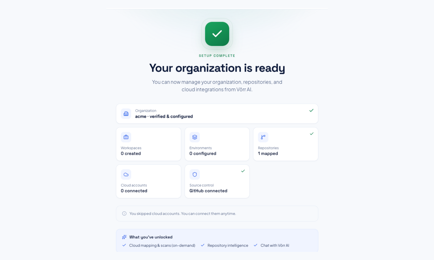 The setup complete screen summarising organization, workspaces, environments, repositories, cloud accounts and source control